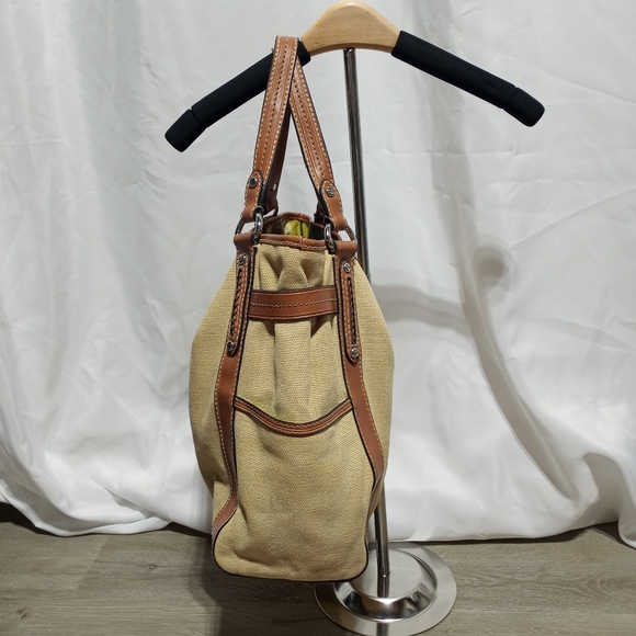 Fossil Tan Canvas And Brown Leather Strap Shoulder Tote Bag - Picture 2 of 12